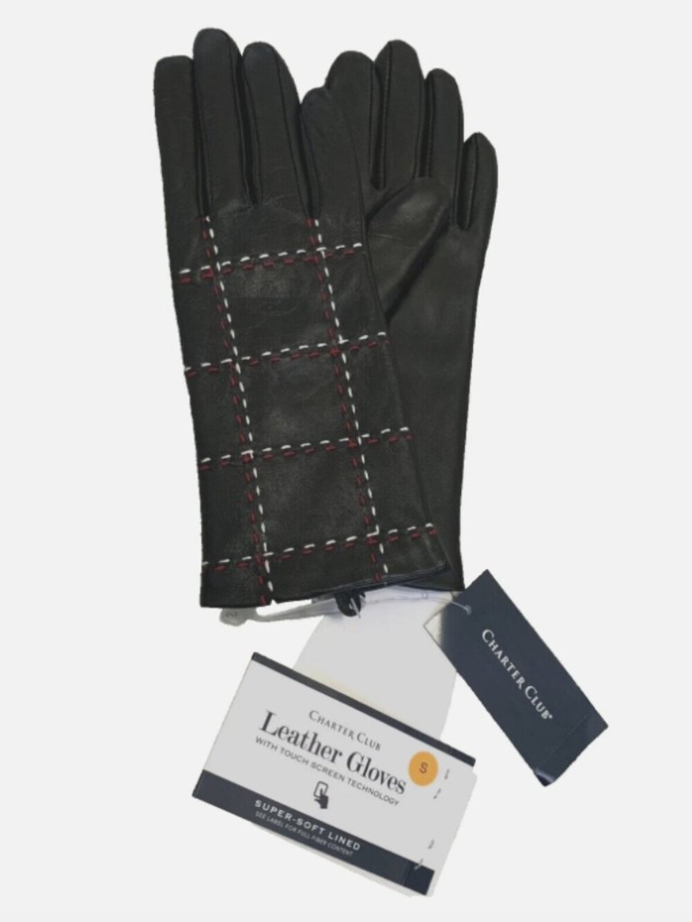 CHARTER CLUB Women's Leather Gloves Plaid Topstitch Touchscreen Fleece Lining